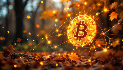 a glowing bitcoin symbol surrounded by autumn leaves, symbolizing the growth of the crypto world and the future of finance