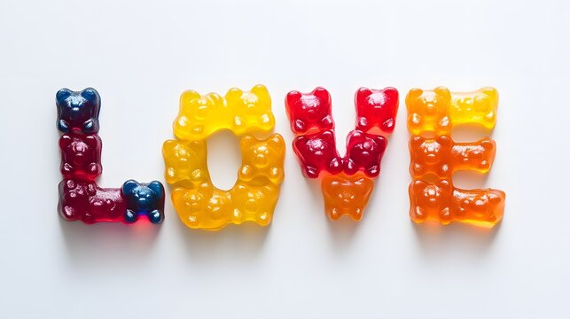 Colorful gummy candies spell love in playful arrangement on a white background