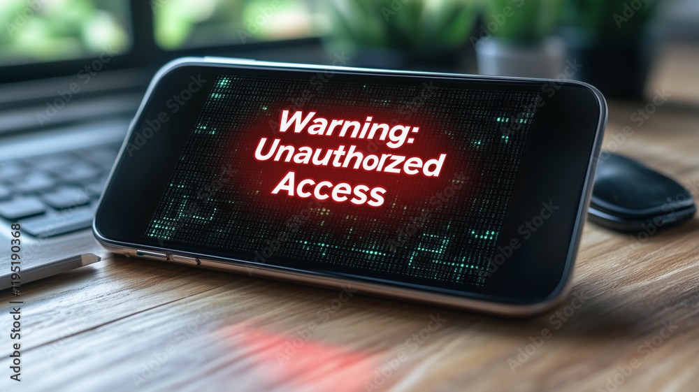 Poster unauthorized access warning: smartphone displaying a stark red 