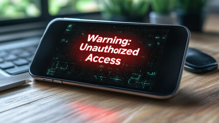Unauthorized Access Warning: Smartphone displaying a stark red "Warning: Unauthorized Access" message against a dark digital background, highlighting the urgency of cybersecurity threats.