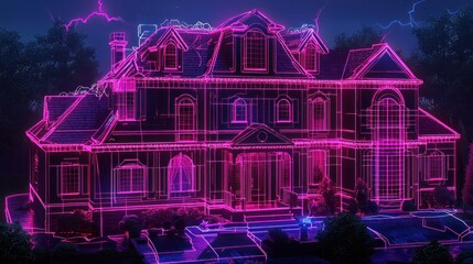 Fototapeta premium A neon outline of a mansion illuminated at night.