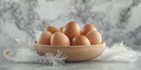 Fresh brown chicken eggs arranged in a wooden bowl surrounded by soft white feathers on a textured gray and white background ideal for organic nutrition