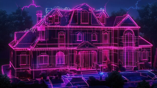 A neon outline of a mansion illuminated at night.