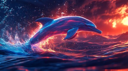 Vibrant Dolphin Leaping Through Neon Waves of an Ocean at Sunset