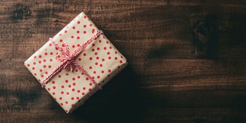 Fototapeta premium Festive gift box wrapped in cream crafting paper with red polka dots positioned top left on a dark wooden surface showcasing holiday cheer