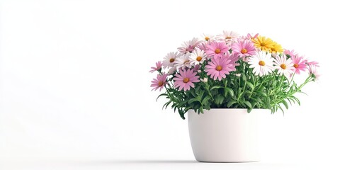 Naklejka premium Vibrant bouquet of pink and white daisies with a yellow center in a white round pot positioned on a light background for a fresh aesthetic