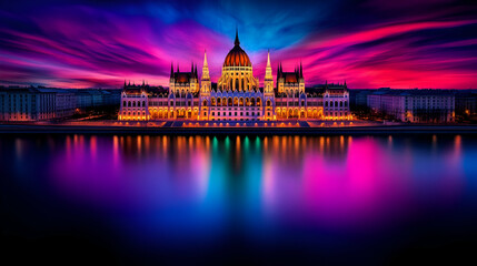 Naklejka premium A stunning view of the Hungarian Parliament Building illuminated against a vibrant sunset, reflecting off the water's surface.