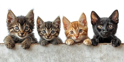 Four adorable kittens peering over a wall in bright light, showcasing their unique colors and expressions