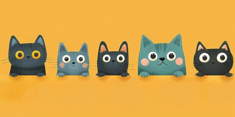 Cats of various colors and expressions lined up against a bright yellow background, showcasing their unique personalities