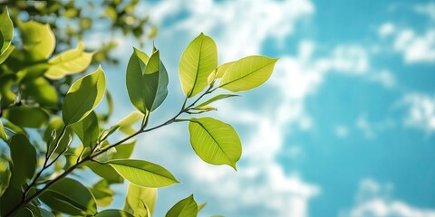 Lush green Ficus benjamina leaves against a blurred sky with soft clouds, featuring vibrant shades of green and a serene blue background.