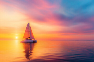 sailing catamaran glides across calm sea at sunset, surrounded by vibrant colors reflecting on water. serene atmosphere evokes sense of tranquility and adventure