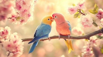 Artistic composition of colorful parrots with soft pastel shades interacting closely on a single branch in a serene setting