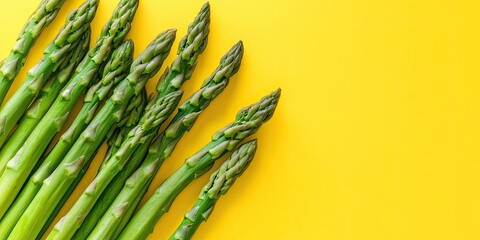 Fresh green asparagus tips arranged on the left side of a bright yellow background with ample copy space on the right side for text
