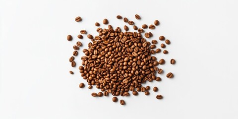Scattered brown coffee granules on a clean white backdrop highlighting their texture and shape for culinary or beverage concepts.
