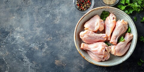 Raw chicken wings arranged in a rustic ceramic bowl with coriander garnish on a textured gray background alongside spices in glass bowls.