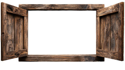 Rustic Wooden Frame with Opened Shutters Against a Transparent Background for Artistic Display and Creative Promoting