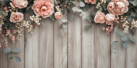 Soft pink roses and delicate white blooms arranged atop a rustic wooden backdrop with muted green leaves adding a touch of elegance and warmth.