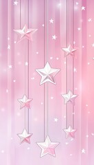 Pink Pastel Background With Hanging White Stars, Sparkles, And A Dreamy, Romantic Aesthetic