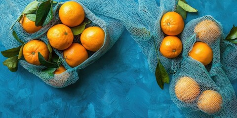Ecofriendly mesh bags filled with vibrant tangerines on a blue textured canvas background emphasizing zero waste and sustainable shopping practices