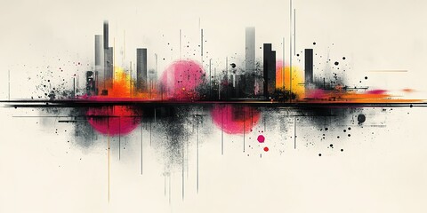 Colorful urban skyline with abstract elements representing movement and energy at sunset
