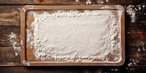 Flour dusted rectangular cutting board on a rustic wooden surface with scattered flour creating a clean area for text horizontal layout