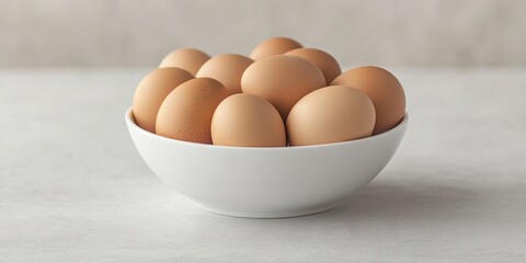 Fresh brown eggs arranged in a white bowl on a light gray surface creating a minimalist and natural kitchen aesthetic.