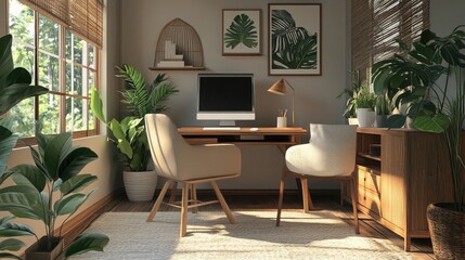 Cozy home office featuring warm wood tones and houseplants for productivity themes