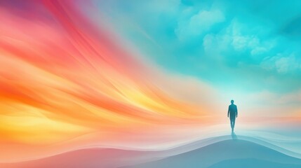 Serene Solitude in Colorful Landscape: A Figure Wanders Through Ethereal Waves of Pink, Orange, and Blue Horizon Under Dreamy Sky of Soft Clouds and Vibrant Hues