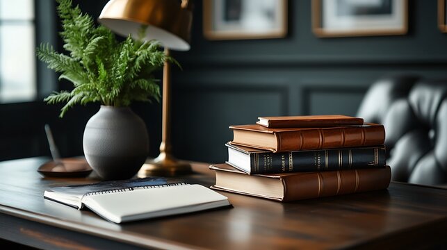 Elegant Masculine Study with Dark Wood and Vintage Books