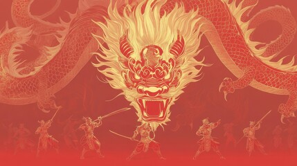 Fototapeta premium Majestic Dragon Illustration with Warriors on Vibrant Red Background