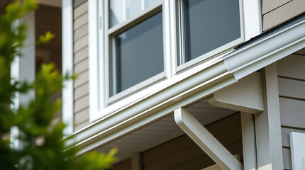 Modern House Exterior: White Window and Gutter Design. High-quality image showcasing the architectural details of a residential building, including its siding, roofline, and rain gutter system.