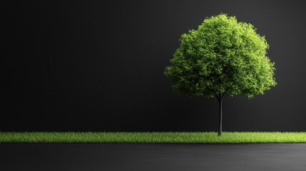 Obraz premium Lush green tree standing on a vibrant grass patch against a dark background, symbolizing nature's beauty