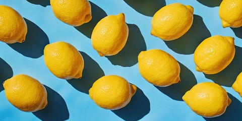 Yellow lemons arranged in a diagonal pattern on a vibrant blue surface, casting soft shadows for a fresh and lively visual impact.