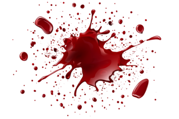 Blood splash hitting a flat surface, droplets scattered widely, isolated on a white background.