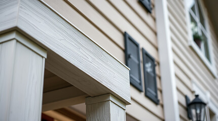 Fototapeta premium Close-up view of a house's exterior, showcasing the porch's wooden details and design elements. The image highlights the architectural features and craftsmanship of the home's construction.