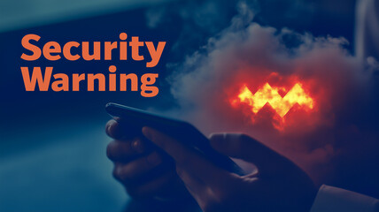 Cybersecurity Threat: A close-up shot of a person's hands holding a smartphone, with a digital warning symbol and the words "Security Warning" superimposed in bold red lettering.
