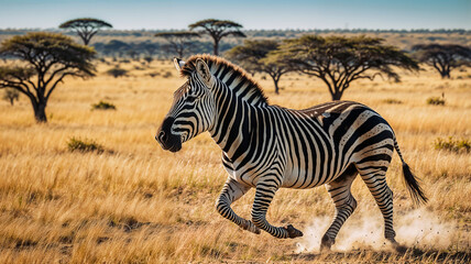 Zebra Running in African Savanna: Dynamic Stripes and Dust in Natural Habitat