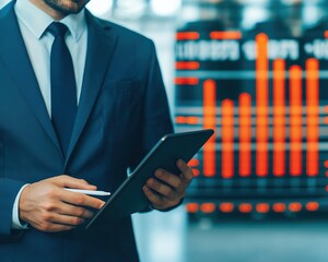 Businessman analyzing energy stock portfolios with a tablet, investment strategies, financial markets