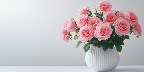 Fototapeta premium Elegant white vase filled with vibrant pink roses against a soft white background, showcasing delicate petals and lush green leaves.