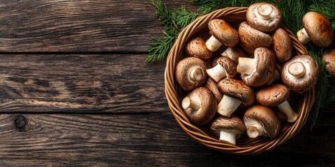 Top view of a wicker basket filled with fresh brown mushrooms on a rustic wooden table with greenery accent and ample copy space on the side