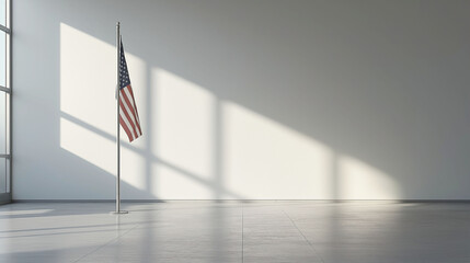 USA flag on a pole in a spacious interior with customizable clear wall area