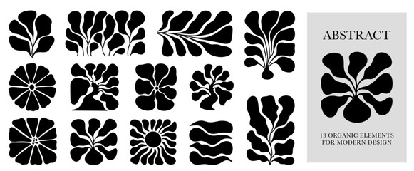 Monochrome Matisse Curves. Set of Minimal Organic Flower Shapes and Groovy Abstract Nature Symbols