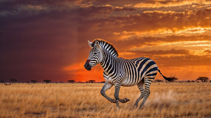 Zebra Running Across African Savanna at Sunset with Vibrant Sky and Dust Trail