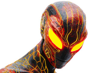Alien with glowing red and gold circuitry patterns wrapping its face, low poly on a white background