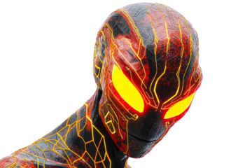 Alien with glowing red and gold circuitry patterns wrapping its face, low poly on a white background