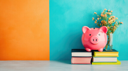 Piggy bank 3D, A detailed 3D rendering of a piggy bank alongside a book, showcasing high fidelity and rich textures, perfect for financial themes and educational content.