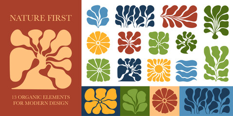 Matisse Curves in doodles. Set of Retro Minimal Colorful Botanical Shapes and Groovy Abstract Nature