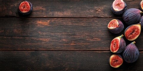 Figs with deep purple skin and red insides laid on a dark wooden table with ample negative space on the left for text placement