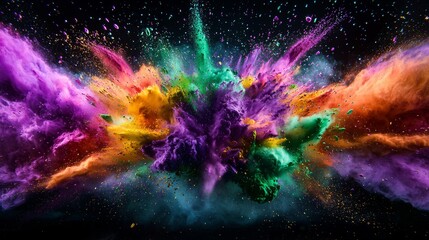 Vibrant explosion of colorful powder with dynamic bursts of purple, green, and orange hues on a dark background