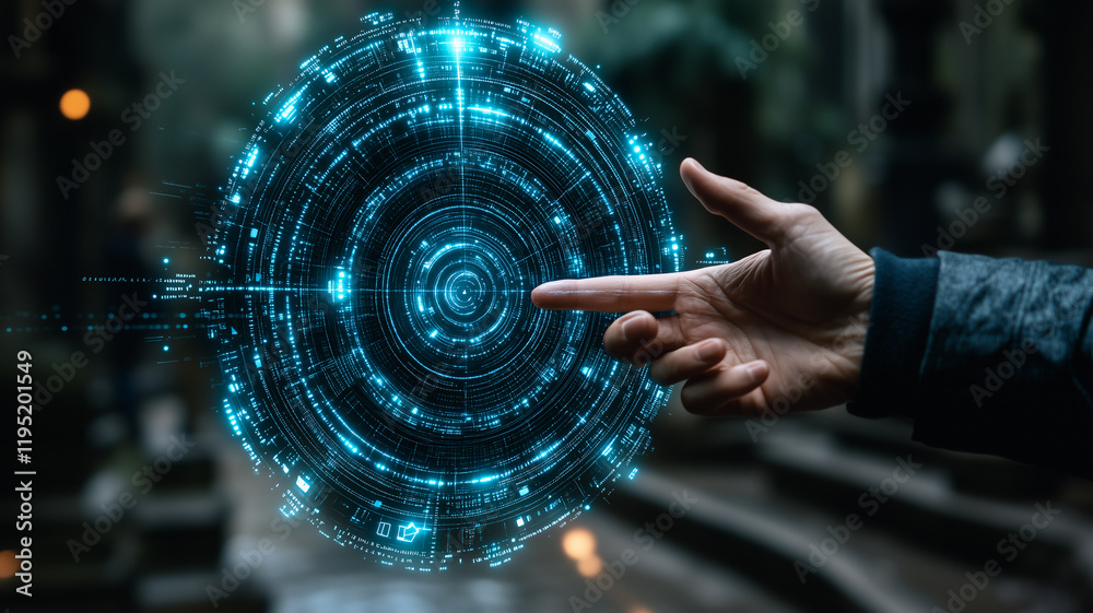 Poster digital sphere interaction: a hand reaches out to interact with a glowing, futuristic digital sphere